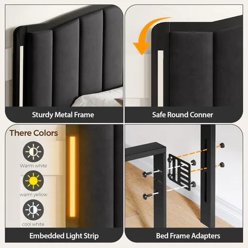 Miniatura 6 de Cabecera para cama tamaño Queen con luces LED, cabecera tapizada de canal vertical acolchonado, solo cabecero de terciopelo, marco de fijación