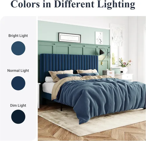 Miniatura 8 de Allewie - Base de cama tamaño King con cabecera acolchada tapizada en terciopelo y diseño acanalado vertical ajustable; plataforma de cama con base