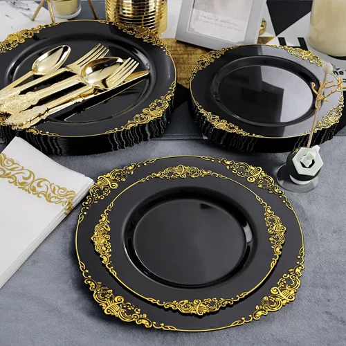 Miniatura 2 de Hioasis 350 platos negros y dorados, platos de fiesta negros para 50 invitados, incluyen 100 platos resistentes (20% más gruesos que el estándar)