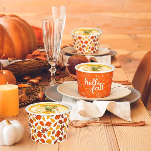 Miniatura 6 de Whaline 60 tazas de papel desechables con diseño de hojas de arce, cuencos de papel desechables de 9 onzas con hojas de otoño, tazas de papel