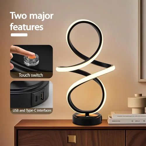 Miniatura 7 de Mayful Moderna lámpara de mesa en espiral, pequeña lámpara de mesita de noche negra con puertos USB C y A, control táctil regulable con 3
