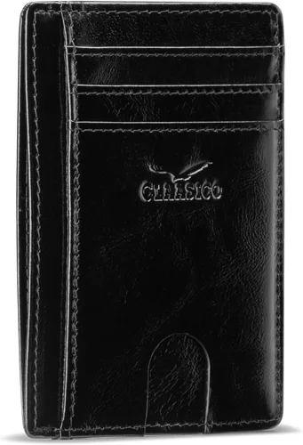 Miniatura 11 de Claasico Billetera pequeña de bolsillo frontal para hombre con bloqueo RFID, de cuero genuino, tarjetero