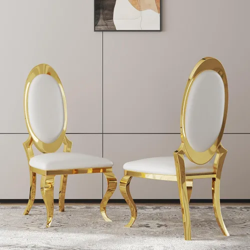 Miniatura 30 de Juego de 2 sillas con 2 sillas de comedor de piel sintética blanca, silla de cocina moderna con respaldo ovalado y patas de acero inoxidable