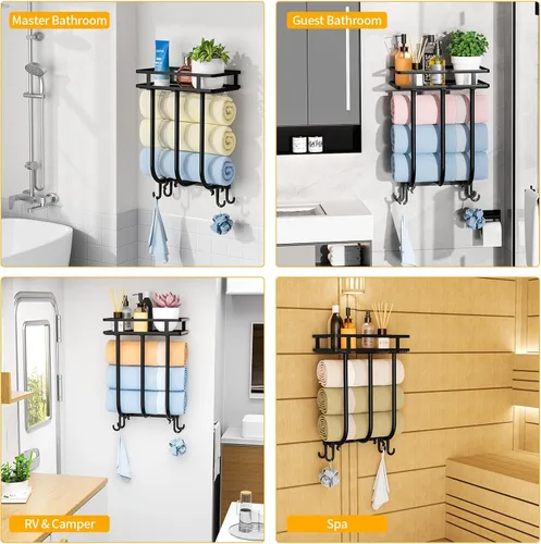 Miniatura 8 de Toalleros para baño, toallero montado en la pared con estante de metal y 4 ganchos para colgar, estante de toallas para baño pequeño, puede contener
