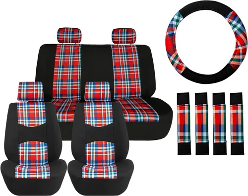 Miniatura 7 de TLH Fundas universales para asientos de automóvil Tartan57 estampado a cuadros beige, juego completo de fundas para asientos en tela plana