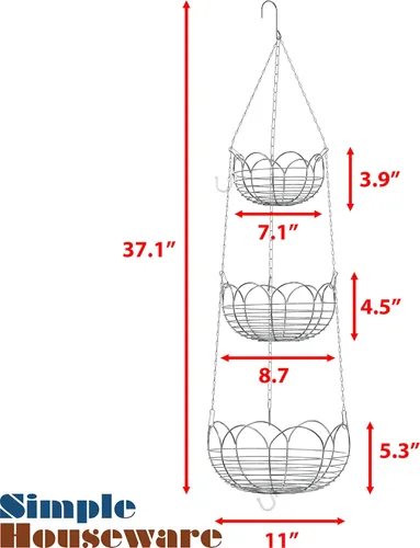 Miniatura 7 de Simple Houseware - Cesta colgante moderna para frutas de 3 niveles, cromado Cromo