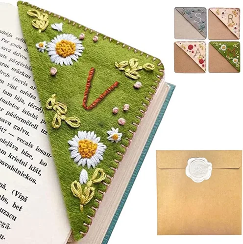 Miniatura 45 de Marcapáginas de esquina bordado a mano personalizado, 26 letras con costura a mano de fieltro, marcapáginas de esquina con bordado de flores lindo