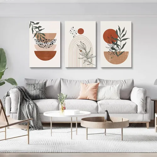 Miniatura 5 de Arte de pared bohemio - Conjunto de 3 impresiones geométricas abstractas de mediados de siglo, negro, beige, terracota, obra de arte en lienzo