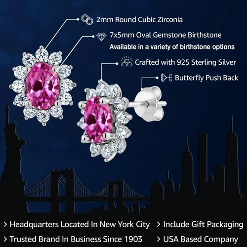 Miniatura 268 de Gem Stone King Aretes ovalados de plata de ley 925 de 0.276 x 0.197 in con piedra natal de la princesa Diana, estilo halo real para mujeres