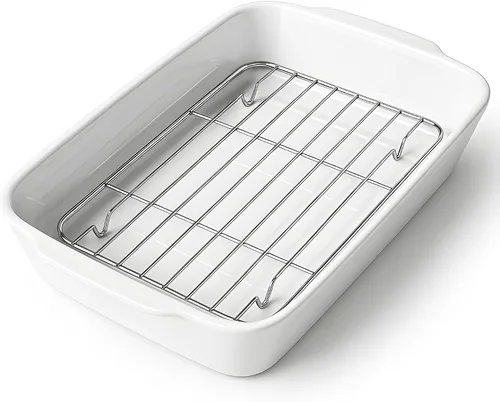 Miniatura 8 de HOMBENE - Cacerola blanca de 1.2 cuartos de galón, bandeja para lasaña para horno, utensilios para hornear, pequeña fuente de cerámica para hornear