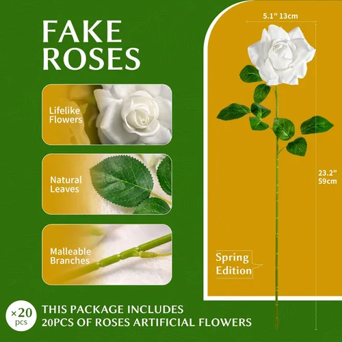Miniatura 2 de Flores artificiales, rosas artificiales, rosas falsas de 23.2 pulgadas de tallo largo, flores artificiales para jarrón alto, rosa de seda, 20 Blanco