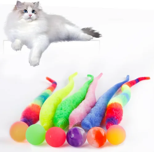 Miniatura 7 de Pelota hinchable con cola para gatos, 5 paquetes de gusano mágico grande con bola fluorescente de juguete para gatos, colorido gusano mullido