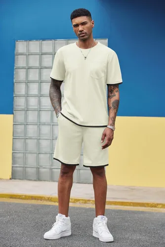Miniatura 55 de COOFANDY Conjunto de camisa y pantalones cortos de gofre para hombre, conjunto de 2 piezas, conjunto casual de verano con bolsillos