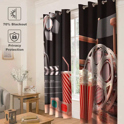 Miniatura 4 de Jekeno - Cortinas opacas de cine para dormitorio, sala de estar, carrete de película con estampado rojo y negro, con ojales, juego de 2 paneles, 52