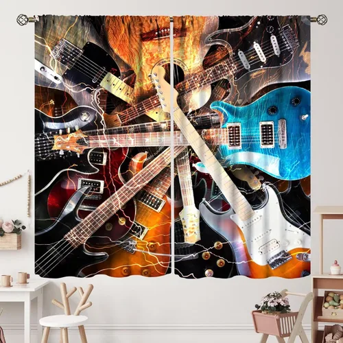 Miniatura 31 de Cortinas de notas musicales, rústicas, mágicas, notas musicales, arte retro, piano y violín, cortina con bolsillo para barra para dormitorio, sala