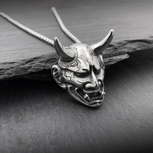 Miniatura 2 de Oni Mask Hannya Prajna - Collar de acero inoxidable con máscara de diablo japonés, collar de samurái de buena suerte