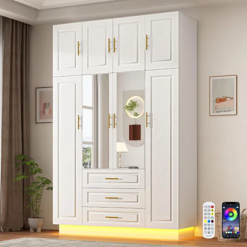 Miniatura 11 de Hlivelood Armario Grande Ropero Gabinete con Cajones y Luces LED, Estantes de Múltiples Niveles, Barra para Colgar, Armario de Gran Capacidad