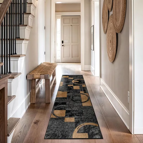 Miniatura 23 de Rugshop - Alfombra contemporánea con diseño abstracto de círculos, alfombra con respaldo de yute para entrada, cocina o habitación pequeña, marrón