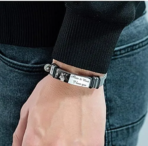 Miniatura 2 de Pulseras personalizadas para hombres, pulseras de acero inoxidable grabadas con foto y texto, regalos de joyería personalizados para novio, padre