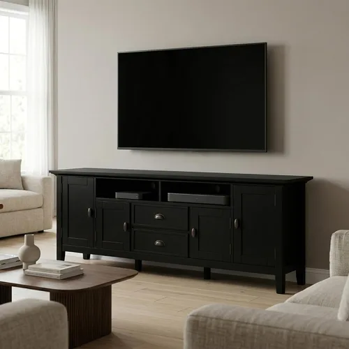 Miniatura 2 de SIMPLIHOME Redmond - Soporte para TV, consola multimedia de madera maciza de 72 pulgadas de ancho en negro, centro de entretenimiento de transición