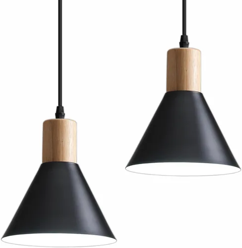 Miniatura 3 de Luces colgantes, paquete de 3 lámparas colgantes de techo de madera maciza, moderna iluminación colgante negro mate para cocina, sobre isla