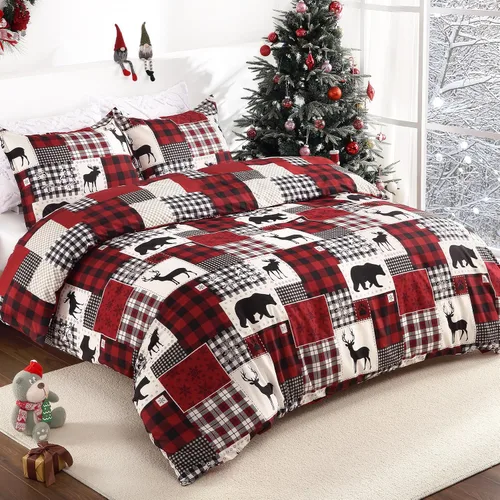 Miniatura 8 de Juego de funda de edredón navideña para cama individual para niños, juegos de funda de edredón de microfibra cepillada suave, con diseño de reno