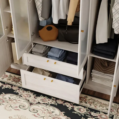 Miniatura 6 de Armario de 4 puertas con varillas para colgar y 2 cajones, armario de dormitorio con puertas de vidrio esmerilado, armario con perilla dorada, veta