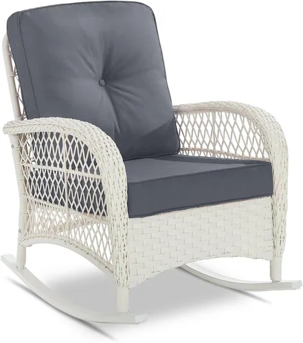 Miniatura 24 de VIVIJASON Mecedora de mimbre para exteriores, silla mecedora de ratán para patio con cojines y marco de acero, muebles de mimbre mecedores