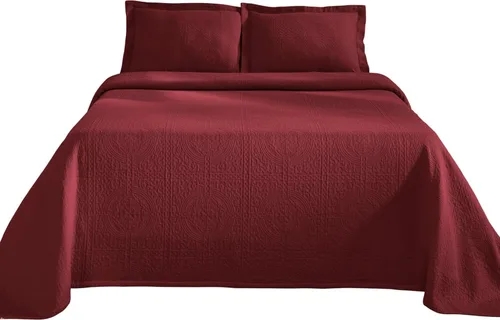 Miniatura 2 de Superior Fleur De Lis - Juego de colcha de algodón de 3 piezas, decoración de cama para el hogar, colcha decorativa con textura, 2 fundas de Granate