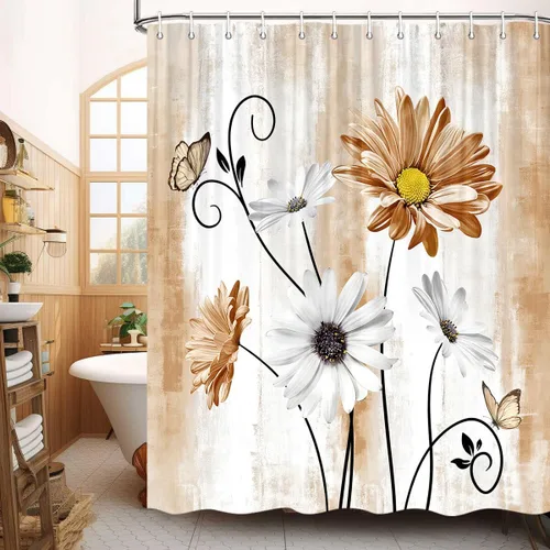 Miniatura 53 de JAWO Cortina de ducha con diseño floral de margaritas azules, cortina de ducha rústica de granja y mariposa en el campo, juego de cortinas de ducha