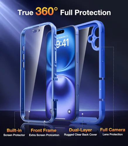 Miniatura 2 de Diaclara Diseñada para iPhone 16, funda resistente de cuerpo completo con protector de pantalla integrado sensible al tacto y antiarañazos, mejorada