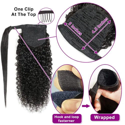 Miniatura 4 de Extensiones de cola de caballo con correa de cabello humano rizado, 100% cabello brasileño sin procesar, cola de caballo, pasta mágica con clip