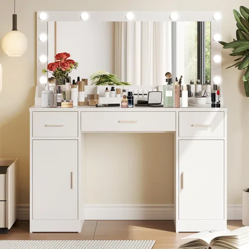 Miniatura 10 de MIRROTOWEL Escritorio de tocador de 47.5 pulgadas con espejo grande, 3 modos de iluminación de color, brillo ajustable, cómoda con 3 cajones y 2