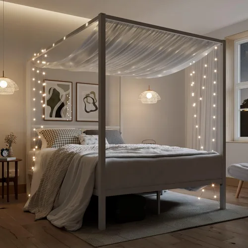 Miniatura 3 de ikalido Marco de Cama con Dosel de Metal Tamaño Completo, Marco de Cama de Plataforma Moderno de Cuatro Postes, Base de Colchón con Soporte de Blanco