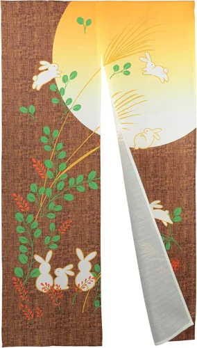 Cortina japonesa Noren para puerta, tapiz de conejo bajo la luna, divisor de habitación, amarillo, 33 x 59 pulgadas