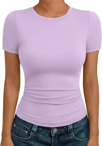 Miniatura 34 de AUTOMET - Camisetas básicas de manga corta para mujer, para verano, entrenamiento o gimnasio, con cuello redondo, ropa moderna estilo Y2K