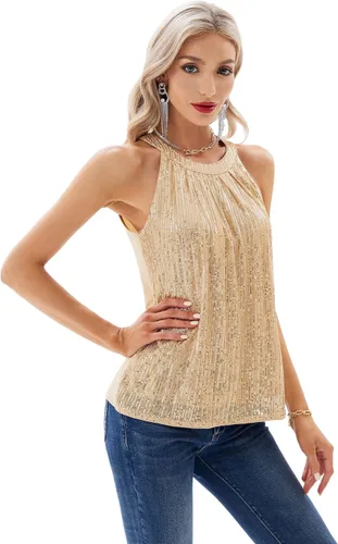 Miniatura 2 de GRACE KARIN Camiseta sin mangas con cuello halter de lentejuelas para mujer, sin mangas, elegante, brillante, para fiesta, club, cóctel, camiseta