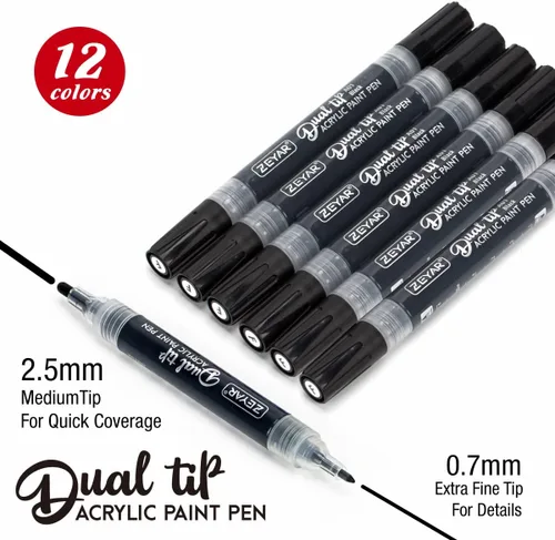 Miniatura 3 de ZEYAR Bolígrafos de pintura acrílica de doble punta, punta media y punta extrafina, tinta acrílica a base de agua e impermeable, colores surtidos