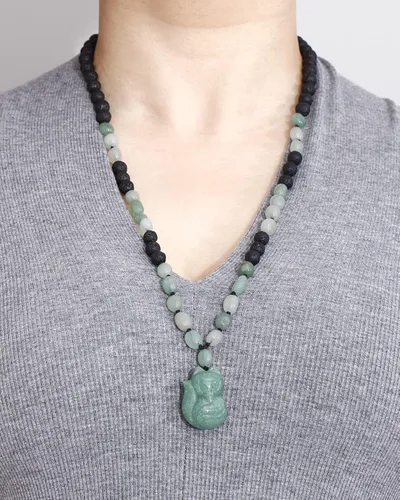 Miniatura 2 de Lightock Collares con colgante de zorro de jade de aventurina verde para mujer, cuerda trenzada de piedra de lava, difusores de aceite esencial