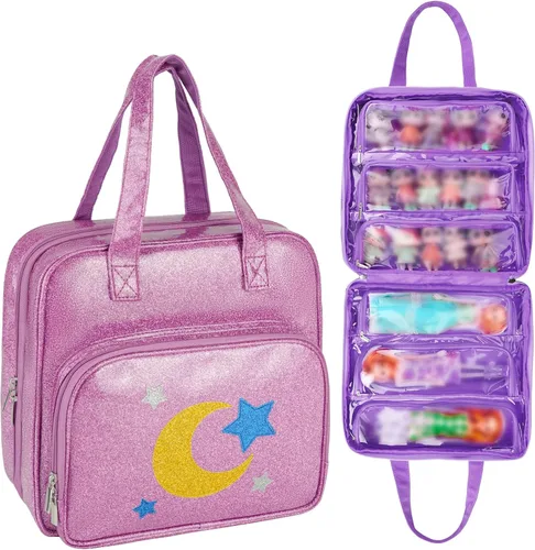 Miniatura 8 de Estuche de transporte para muñecas compatible con muñecas LOL Surprise, bolsa de almacenamiento de juguetes de viaje colgantes con 6 bolsillos Rosa