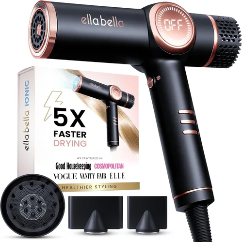 ELLA BELLA® Secador de pelo iónico profesional con difusor • Secador de pelo de iones negativos • Adecuado para todo tipo de cabello • Control Negro