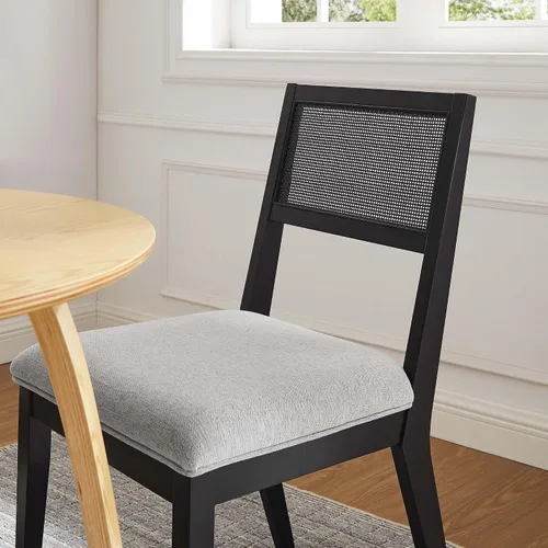 Miniatura 6 de Modway Nimba - Juego de 2 sillas de comedor de madera en tejido jaspeado, color gris claro, sillas de cocina tapizadas con respaldo de ratán Tejido