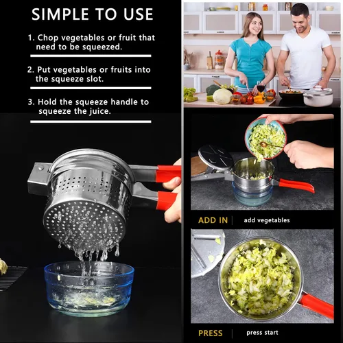 Miniatura 3 de Exprimidor de verduras de acero inoxidable de 13.5 onzas, mango de silicona roja antideslizante, exprimidor de agua vegetal de metal para exprimir