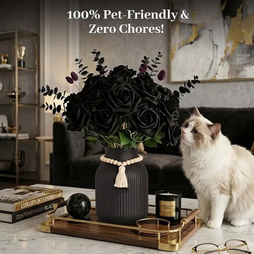 Miniatura 4 de JOHOUSE 20 rosas negras con tallo y 10 cabezas de rosas decorativas – Decoración gótica para el hogar y arreglos florales de boda centros de mesa