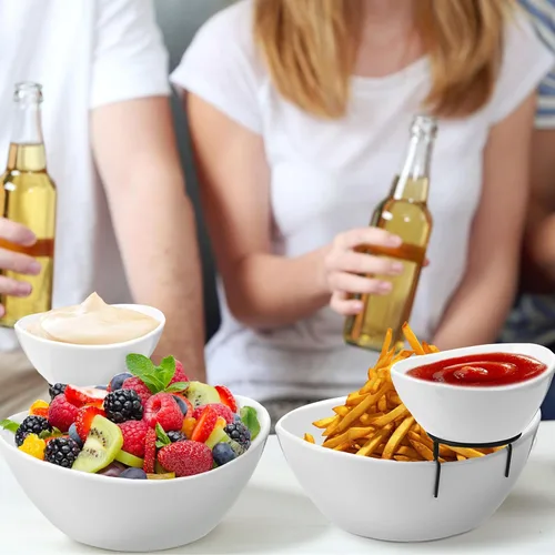 Miniatura 5 de Juego de 2 platos para servir chips y salsas de 2 niveles, plato de porcelana para aperitivos y platos con soporte para alimentos, tacos, bar, Negro