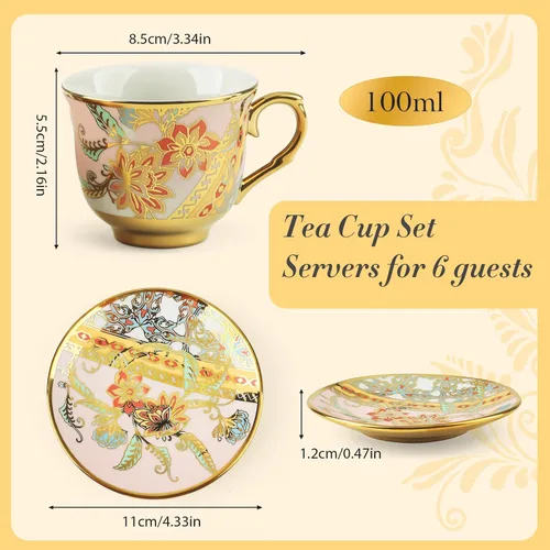 Miniatura 2 de Juego de 6 tazas de té y platillos, juego de té floral vintage de porcelana para expreso, café, moca, capuchino, fiesta de té de la tarde