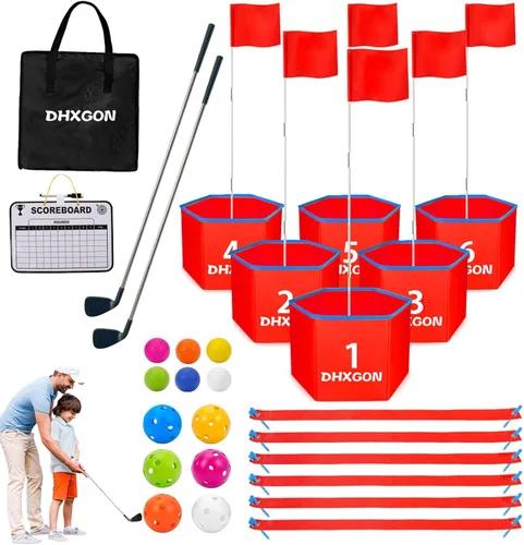 Juego de golf para patio trasero con 2 palos, campo de golf portátil de 6 agujeros, juego de astillado de golf al aire libre para familias y