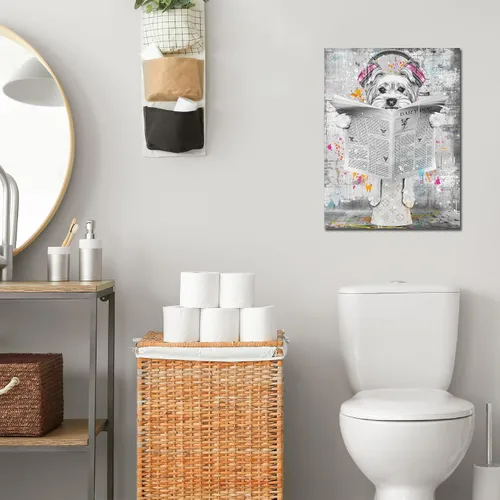 Miniatura 4 de ENTANUB Arte de Pared de Perro para Baño, Divertido Cuadro de Lienzo de Animales para Dormitorio, Decoración de Imágenes en Blanco y Negro