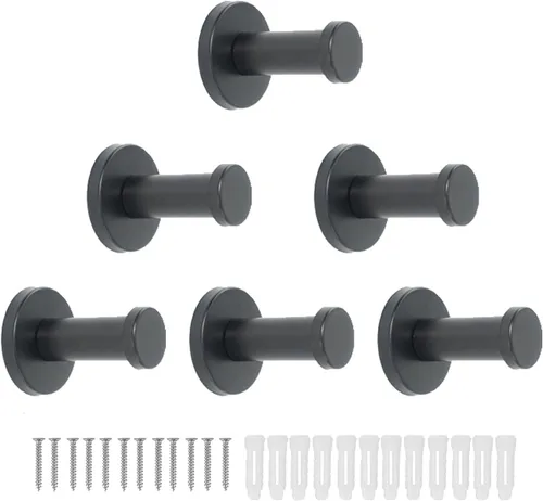 Ganchos para toallas de baño, paquete de 6 ganchos redondos para abrigos, gancho resistente para bata montado en la pared, colgador de ropa Negro