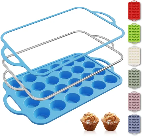 Miniatura 12 de 2 paquetes de 12 tazas de molde para magdalenas de silicona para hornear con marco reforzado de metal, molde para cupcakes de tamaño regular, Crema